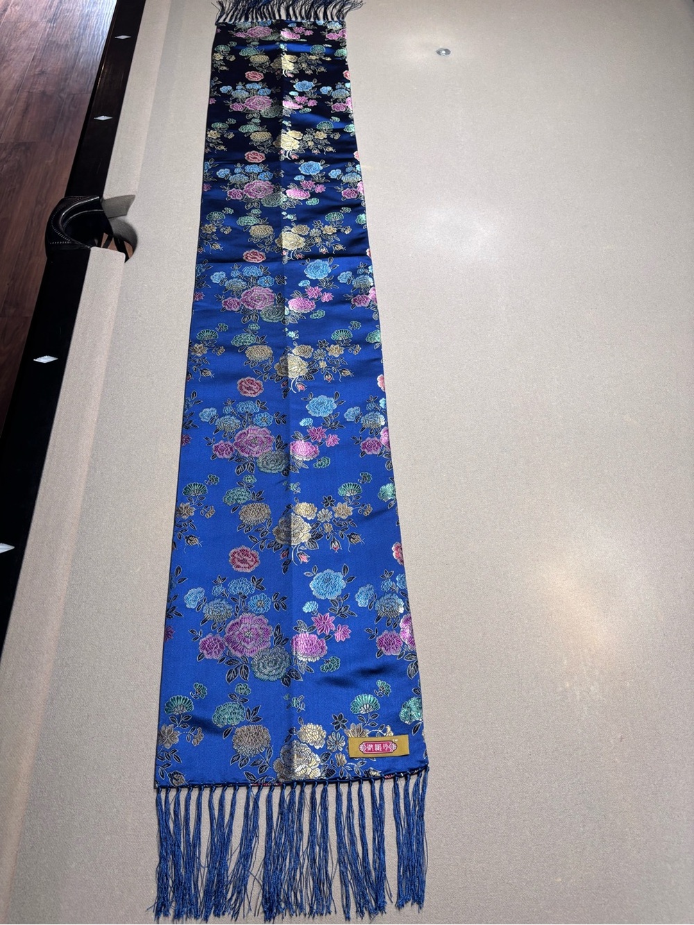 Vintage-Inspired Blue Chinese Embroidered Floral Scarf with Tassel Fringe - Picture 4 of 10